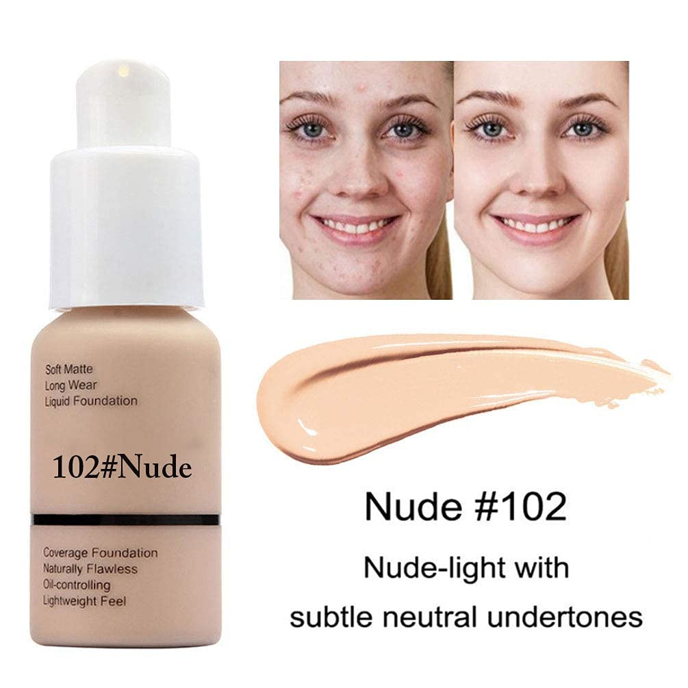 Matte Full Coverage Foundation 24hr Lasting Liquid Foundation Makeup (102#Nude & 101#Porcelain) with Foundation Brush, Waterproof Oil Control Facial Blemish Full Coverage Concealer Face Cosmetic Makeup for Women