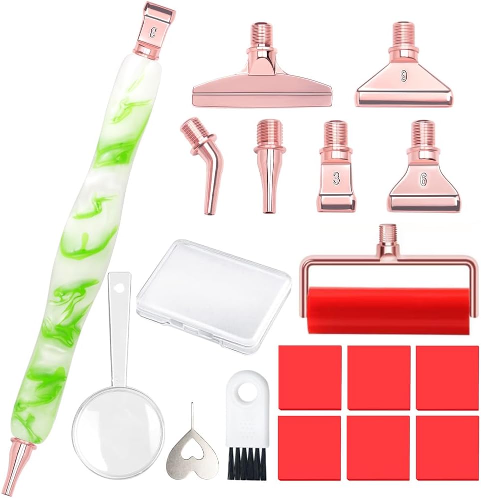 Praise V Do Diamond Painting Art Drill Pen Kit with Screw Steel Rose Metal Tip Nibs Placers Roller Tool Accessories, Ergonomic Diamond Art Pen for 5D Diamond Paint Bead Dot White Green