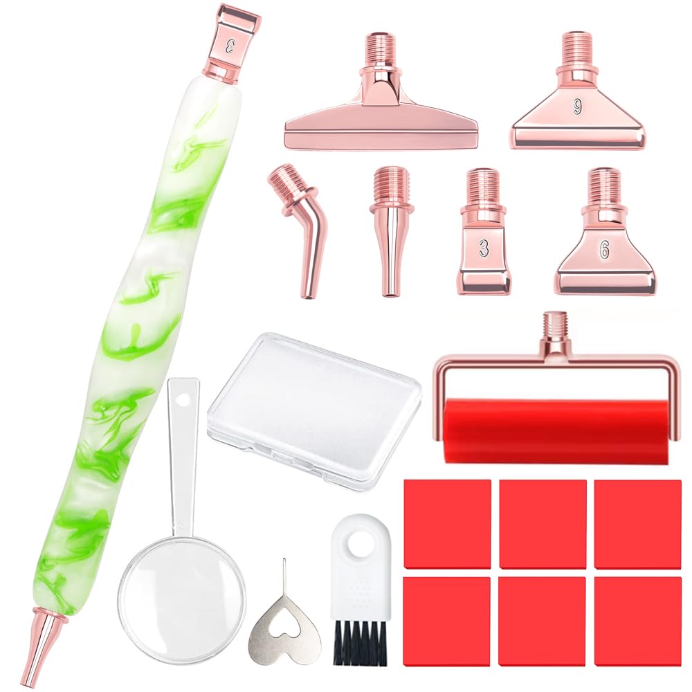 Praise V Do Diamond Painting Art Drill Pen Kit with Screw Steel Rose Metal Tip Nibs Placers Roller Tool Accessories, Ergonomic Diamond Art Pen for 5D Diamond Paint Bead Dot White Green