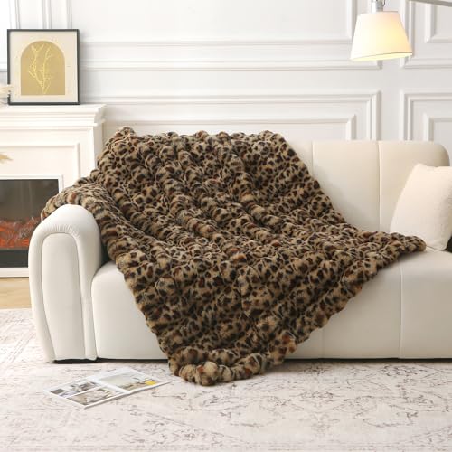 DREAMLANDING Faux Rabbit Fur Luxury Plush Sherpa Throw Blanket Reversible Fuzzy Warm Cozy Fluffy Fur Blanket for Bed Sofa Couch Home Decor (Leopard 130 * 150cm)