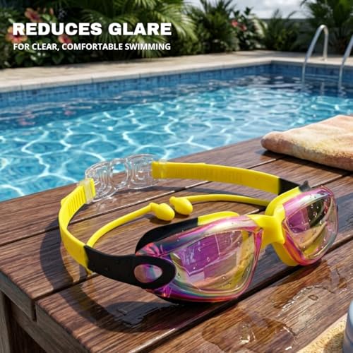 Image of BURNLAB Kids Mirrored Lens Swimming Goggles for Pool and Outdoor Swimming, Adjustable Fit, Boys and Girls (Yellow)