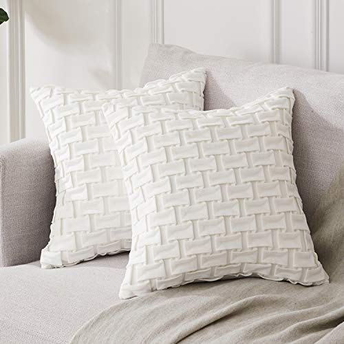 Top Finel Square Decorative Velvet Throw Pillow Covers for Couch Sofa Chair Plaid Cushion Cover 18 x 18 inches 45 x 45 cm, Set of 2, Cream