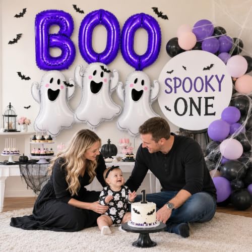 Image of Halloween Foil Balloons Purple Halloween Balloons Ghost Balloon BOO | Purple Spooky Balloon BOO Balloon Letters 3D Bat Stickers for Girl Night Cute Spooky One Birthday Baby Shower Party Decor