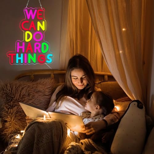Image of We Can Do Hard Things Neon Signs Dimmable LED Inspire Neon Lights Wall Decor for Kids Room Classroom Bedroom Living Room Study Gift Art for Kids Friends -14.61 x 12.2 IN-USB Powered-Acrylic