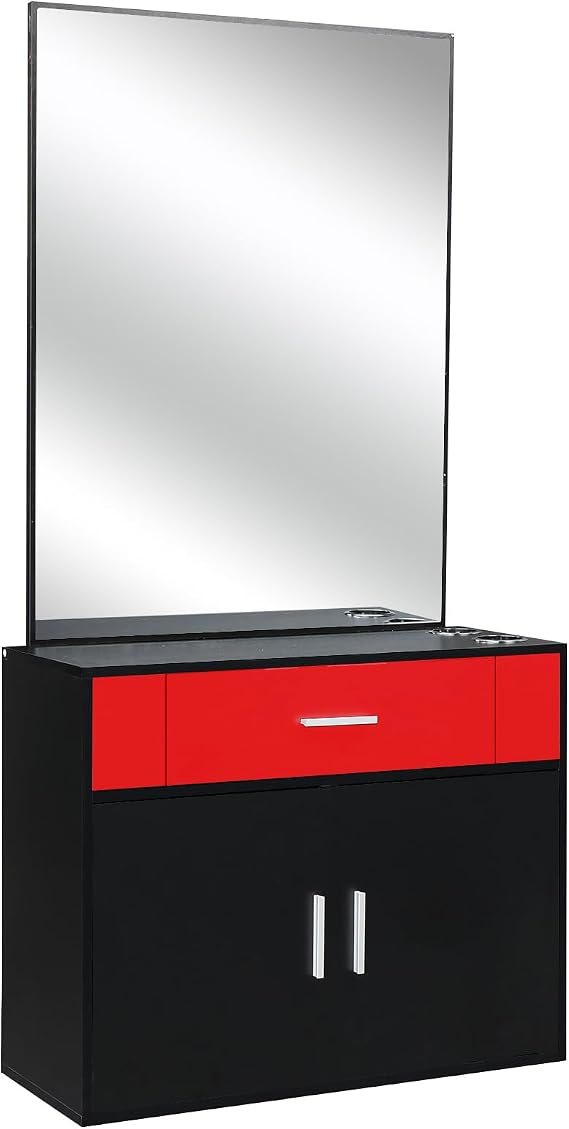 Salon Stations for Hair Stylist,Wall Mount Salon Station - Barber Station with Mirror, Storage Cabinet & Drawer, 2 Hair Dryer Holders for Hair Stylist Beauty Spa Equipment, Black + Red