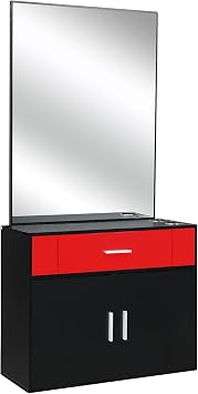 Salon Stations for Hair Stylist,Wall Mount Salon Station - Barber Station with Mirror, Storage Cabinet & Drawer, 2 Hair Dryer Holders for Hair Stylist Beauty Spa Equipment, Black + Red