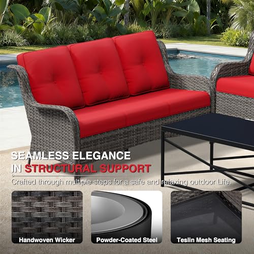 Image of Joyside 7 Piece Wicker Patio Furniture Set, Rattan Patio Chairs with High Back, Deep Seating, Wide Armrest, Thickened Cushions, Outdoor Furniture for Deck, Porch Use