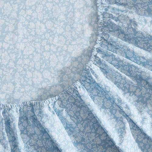 Image of Laura Ashley - Queen Size Sheet Set, Crisp & Lightweight Cotton Percale Bedding with Fitted Sheet and Pillowcases, Floral Room Decor, Deep Pocket, College Dorm Room Essentials (Heirloom Ditzy Blue)