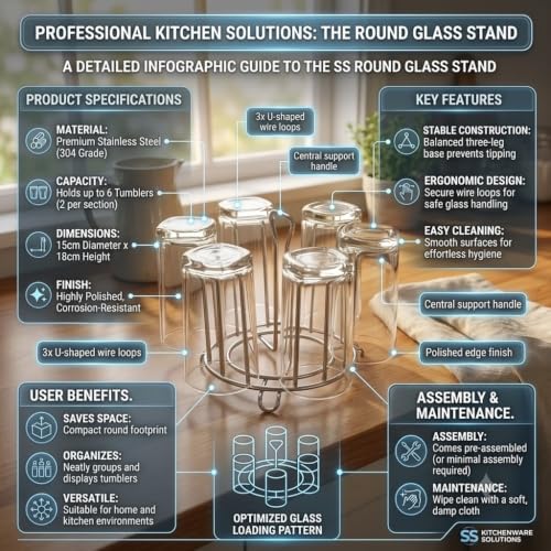 Image of Stainless Steel Glass Holder Stand for Kitchen Countertop, Drinking Water Glass Organizer Rack, Tumbler Storage, Cup Drying Stand, Rust Resistant Multipurpose Tabletop Kitchen Organizer