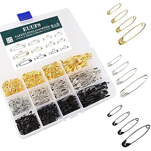 540PCS Small Safety Pins for Clothes, Assorted Sliver Gold Black Safety Pins Sewing for Art Craft Jewelry Making Home Office Use with Storage Box Cover