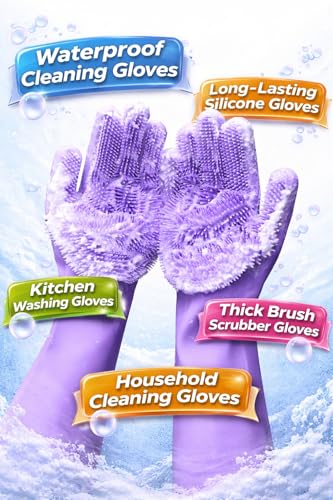 Image of Silicone Dishwashing Gloves with Built-In Scrubber | Reusable Cleaning Gloves for Kitchen & Household Use | Heat Resistant Hand Gloves for Washing Dishes & Plate Cleaning (Purple,1 Pair)