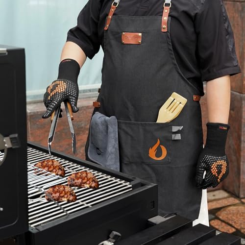 onlyfire Kochschürze Set 3 TLG, Grillschürze Baumwolle mit 2 Taschen, Grillhandschuhe Hitzebeständig bis 800°C und Mikrofasertuch, Grillzubehör Set für Herren, Geschenk für Männer und Frauen BBQ Küche