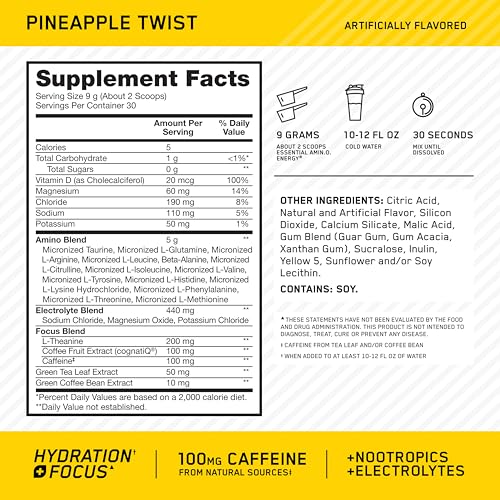 Image of Optimum Nutrition Amino Energy Powder Plus Focus, with BCAA, Electrolytes, and Caffeine, Pineapple Twist, 30 Servings (Packaging May Vary)