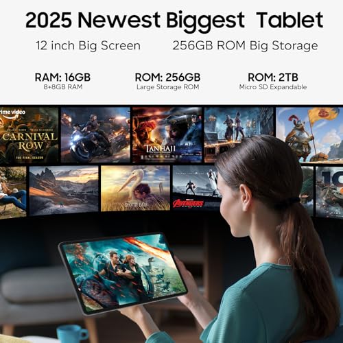 Image of Tablet 12 inch Large Screen, Android 15 Tablet 16GB RAM 256GB ROM, 2K 2000x1200 Incell Widevine L1 Display, Gaming Tablets with Helio G99 Octa-core, 8000mAh 18W Fast Charge Tablets, AI Support, GPS