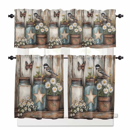 Country Flower Kitchen Curtains 24 Inch Length,3 Piece Rod Pocket Small Half Tiers and Valance Set,Retro Western Texas Star Butterfly Bird Small Large Window Treatment Decor for Bedroom/Bathroom Sink