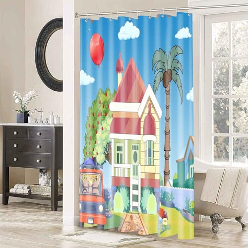 Image of Blue Them Balloon Cartoon House 60x72 Decorative Shower Curtain With Hooks | Bluey Backdrop With Cartoon House Red Balloon Print, Polyester Shower Curtain, With Hooks For Bathroom Decoration