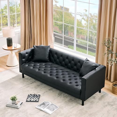 GarveeLife 81" Leather Sofa for Living Room, Chesterfield Sofa with Deep Seats and 2 Pillows, Mid-Century Modern 3 Seater Couch with Button Tufted, Leather Couch for Apartment, Office, Black - Thumbnail 4