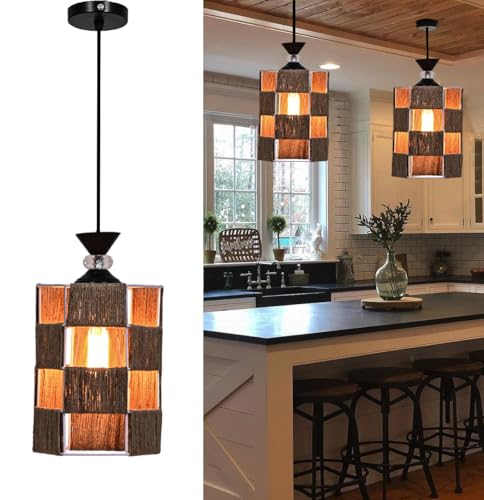 Image of Groeien Crystal Jute Weave Metal Hanging Pendant Ceiling Lamp Fixture | Chandelier for Home, Indoor, Outdoor,Living Room, Bedroom(Bulb Included)(JuteWeave, 1)