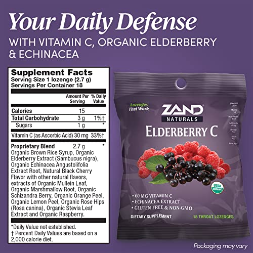 Zand Immunity Elderberry Vitamin C Lozenges, Immune Support Soothing Throat Drops, Elderberry, Vitamin C, Echinacea Extract, No Cane Sugar Or Corn Syrup, Gluten Free, Non-Gmo (12 Bags, 18 Lozenges) #TOP1