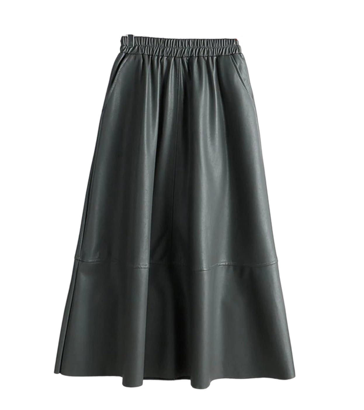 Womens Winter Faux PU Leather Midi Skirt Patchwork High Waist Elegant A-Line Umbrella Skirt with Pockets