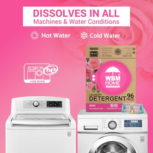 Image of WBM Home 10-in-1 Laundry Pods, Total 96 Count, Ultra Concentrate with Powerful Stain Lifter Technology, Fabric Softener With Rose Extracts, Detergent Pods