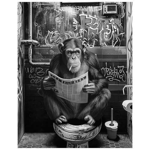 Banksy Style Monkey Bathroom Wall Art 11x14 - Urban Street Art Black White Print - Funny Graffiti...