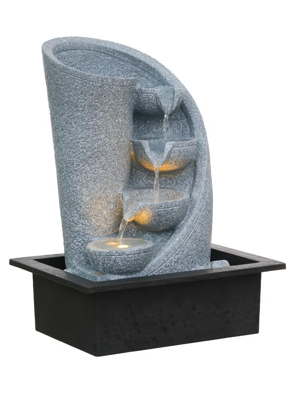 Image of Polyresin Table Top Grey Color Indoor 3 Designer Steps Waterfall Fountain for Home Decor with Yellow LED Lights & Water Flow Controller Pump (Size: 38 x 29.5 x 22CM | Weight: 1750grm)