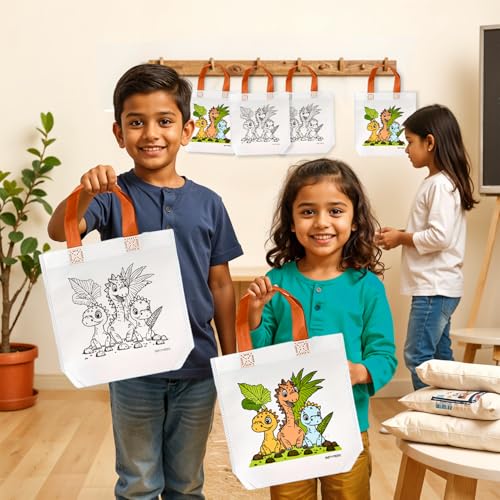 Image of Party Propz Dinosaur Theme DIY Return Gift Bags for Kids Birthday - 10 Pcs, Diy Canvas Colouring Bags, Paper bags for gifting, Gift bags small size, Return gifts for birthday, Gift bag for kids