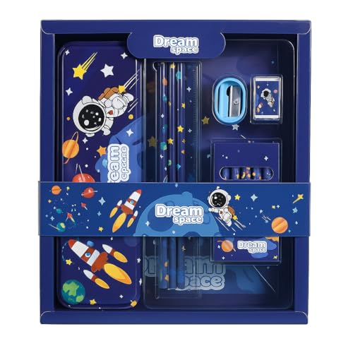 Kit Escolar Infantil 7 em 1, Conjunto com Estojo, Lápis, Régua, Apontador e Borracha, Temas Espacial, Dinossauro e Fundo do Mar, Material Escolar Completo (Azul)
