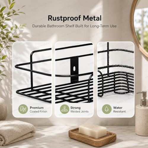 Image of Nieifi KIMEE Set of 2 Metal Bathroom Corner Shelf | Rustproof No-Drill Self Adhesive Wall Mounted Storage Rack for Bathroom and Kitchen | Heavy Duty Shower Caddy Organizer, 8 and 9 Inch, Black