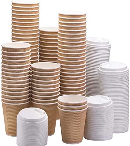 HOT BARGAINS, 200 X 8oz / 230ml Kraft Triple Walled Disposable Paper Ripple Cups Disposable Coffee Tea Cups Disposable Hot Drink Cups + LIDS Free