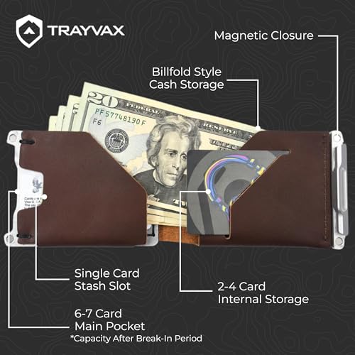 Image of Trayvax Venture Billfold Wallet, Front Pocket Money and Credit Card Holder, Minimalist Slim Leather Metal Wallet for Men and Women, Riveter Brown, Billfold