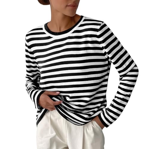 MGizo DtiSpectrum Klassischer, Locker Sitzender, Lässiger Streifenpullover Für Damen Mit Rundhalsausschnitt, Langen Ärmeln, Leichtem Pullover, Gestricktem Matrosen-Breton-T-Shirt