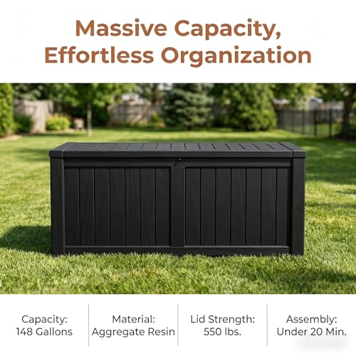 Image of 148 Gallon Resin Deck Box - Outdoor Storage Chest for Patio Furniture Cushions, Garden Tools, Pool Accessories & Backyard Organization Lockable Waterproof All-Weather Wood Grain Design, Easy Assembly