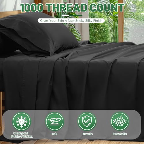 Image of 1000 Thread Count Egyptian Cotton Sheets Queen Size Set 4PCS Sateen Weave Soft Breathable 16-Inch Deep Pocket(Queen,Black)
