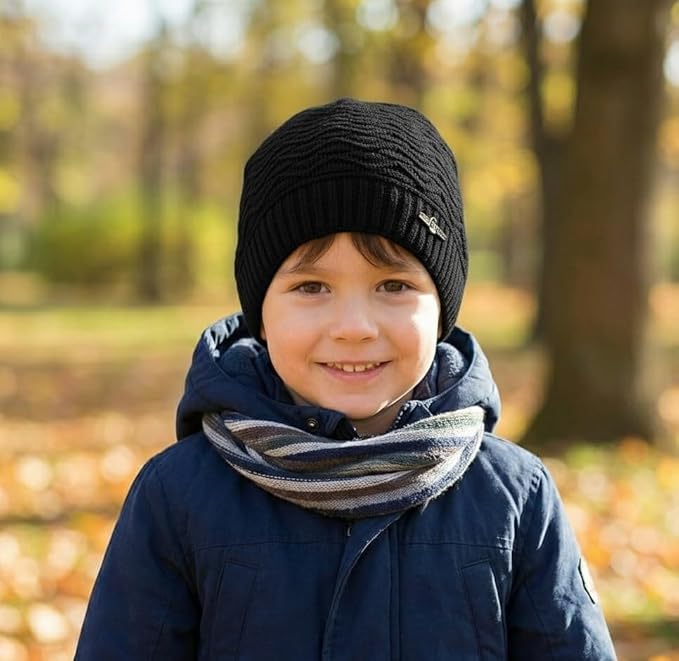 RYTORIA Kids Winter Woolen Cap and Scarf Set Soft Warm Knitted Beanie with Stylish Neck Scarf for Boys and Girls Cold Weather Wear (Black& Red) 3