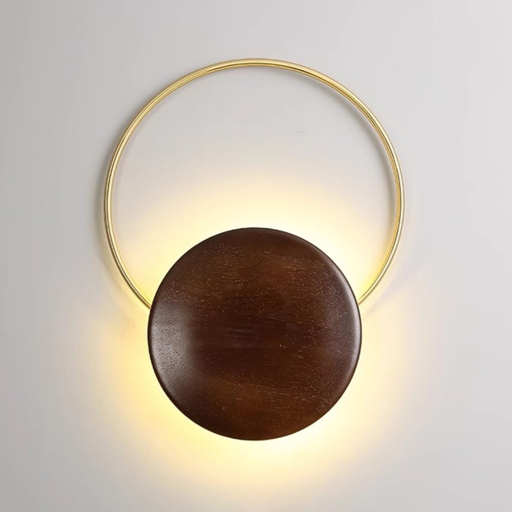 Applique da Parete Moderna in Legno con Finitura Noce, apparecchi di Illuminazione da Parete a LED Rotondi con Kit in Ottone, Lampada da Parete per Interni cablata, Applique Decorativa Vintage PE