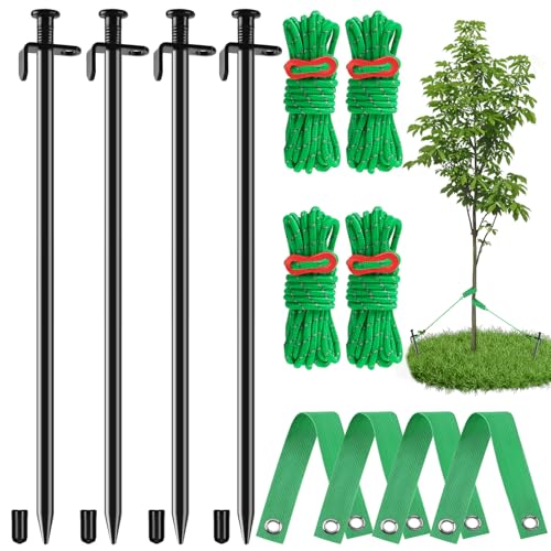 Fabulas Tree Stakes Kits 4 Pcs 11.8 Inch Heavy Duty Steel Stakes and Supports for Leaning Young Trees Straightening with 4 Pcs Support Straps and 13.2ft Anchor Ropes Against Strong Wind Bad Weather
