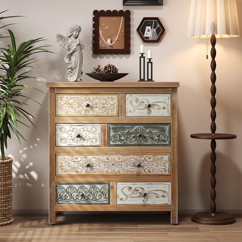 Image of Vintage Carved 7-Drawer Storage Cabinet, Solid Wood Accent Cabinet with Doors for Living Room, Kitchen, Dining Room, 33 Inch Tall, Natural Wood Brown