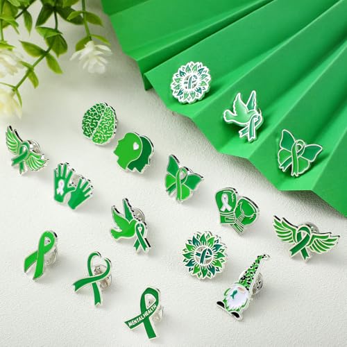Image of Landical 60 Pcs Mental Health Awareness Pins Bulk Green Ribbon Awareness Pin Items for Women Men Charity Event Supplies Gifts
