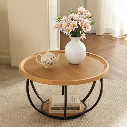 Cagnolier Table Basse Ronde Bois, Table d'appoint Ø80cm Table de Salon avec Rangement 2 Niveaux, Table Basse Bois Moderne avec Bord Surélevé, Bout de...