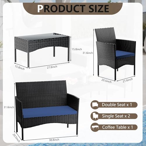 Image of 4 Pieces Patio Furniture Set Outdoor Conversation Set Rattan Furniture Set Wicker Chairs and Sofa with Glass Table for Porch Pool Backyard Garden,Navy Blue