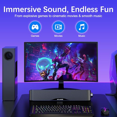 Image of Nylavee Computer Speakers with Subwoofer, 2.1 PC Speakers System with Bluetooth 5.4 & 3.5mm Aux-in, 60W Peak Power, AC Adapter Powered Computer Sound Bar for Desktop PC, Laptop, Monitor, Gaming