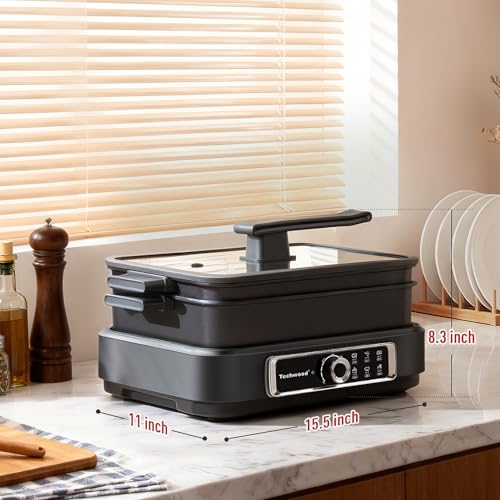 Electric Skillet, Techwood 7.5-Quart 2-in-1 Versatile Multi-Cooker with 5-Level Heat Settings, Come with Removable Non-stick Skillet Pan& Cooking Pot, Dishwasher Safe, Black