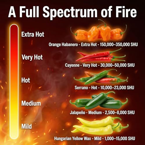 Hot Pepper Seeds for Planting, Cayenne, Hungarian Yellow, Jalapeno, Serrano, Habanero Orange, Heirloom Pepper Seeds Variety Pack, NonGMO, Made in USA - Image 2