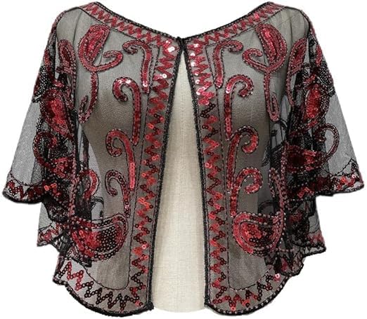 Châle noir et rouge pour femme avec paillettes et cape de soirée style flapper chic