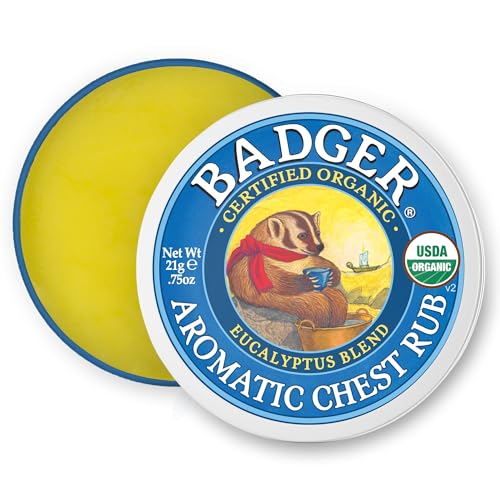 Badger Aromatic Chest Rub, 100% Organic Vaporub w/Eucalyptus & Lavender Essential Oils to Clear & Soothe, All-Natural Chest Congestion Relief for Adults & Kids, .75 oz Tin