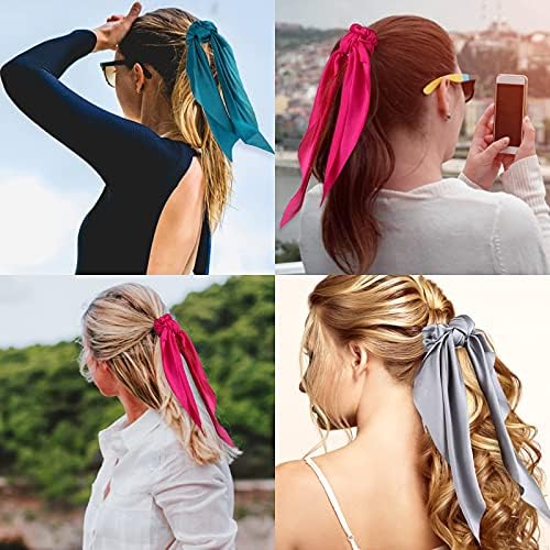 Sibba 8Pcs Silk Satin Hair Scarf Scrunchies Chiffon Bowknot Hair Ties Long Tail Elastic Hair Ribbons For Women Bow Scrunchie Ponytail Holder Colorful Scrunchy Hair Bands Valentines Day Accessories