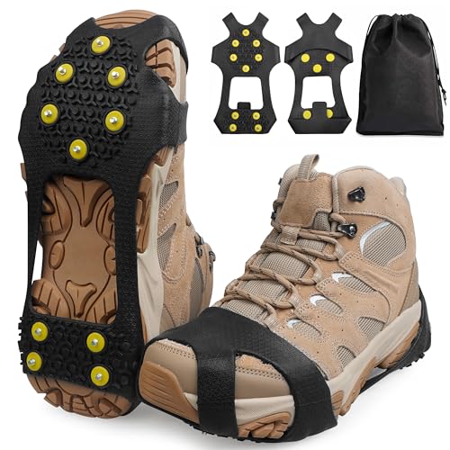 Ice Cleats Snow Traction Cleats for Shoes and Boots,10-Studs Anti-Slip Ice Grippers Rubber Crampons Cleats for Walking on Snow and Ice Slip-on Stretch Overshoe Footwear(L)