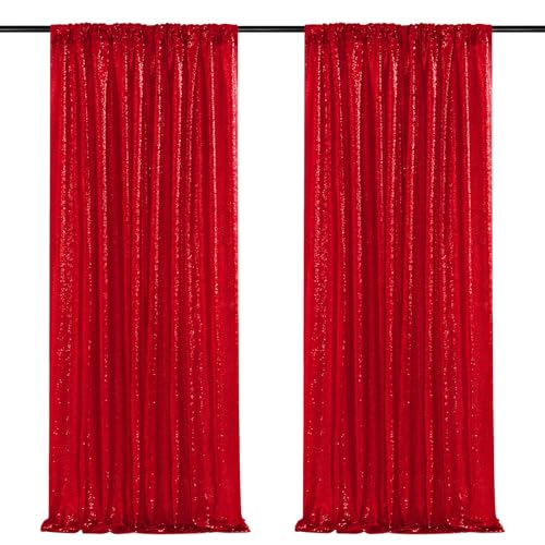 Image of Red Sequin Backdrop Curtains-2 Panels 3FTx8FT Red Backdrop for Wedding, Glitter Party Decorations Background Drapes for Birthday Party Anniversary Graduation Photo Booth Decor